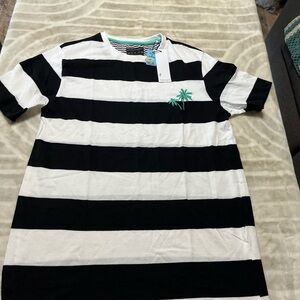 Denim & Flower M Black and White Striped T-Shirt with Palm Tree Embroidery